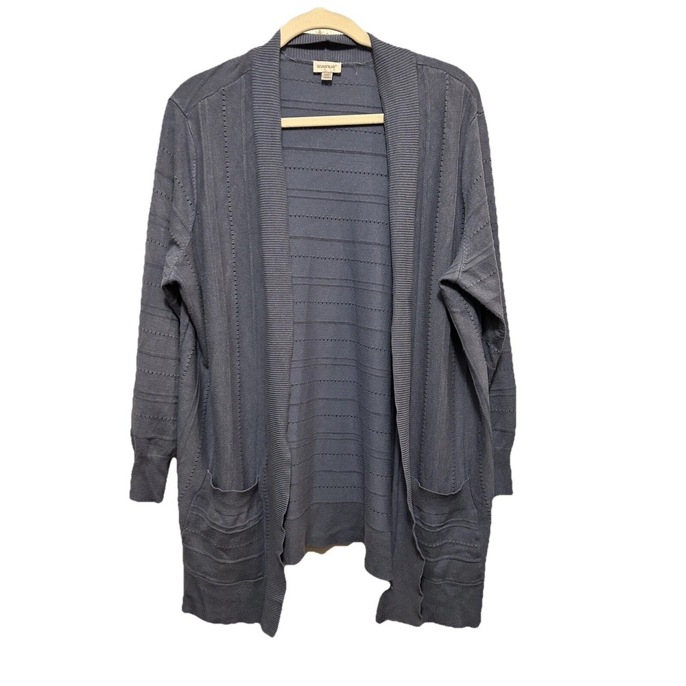 Avenue Women's 18 / 20 Sweater Open Cardigan Blue Pointelle Rayon Knit Classic